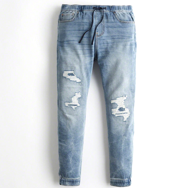 High quality wholesales denim cropped hem ripped elastic waist jogger jeans pants men 