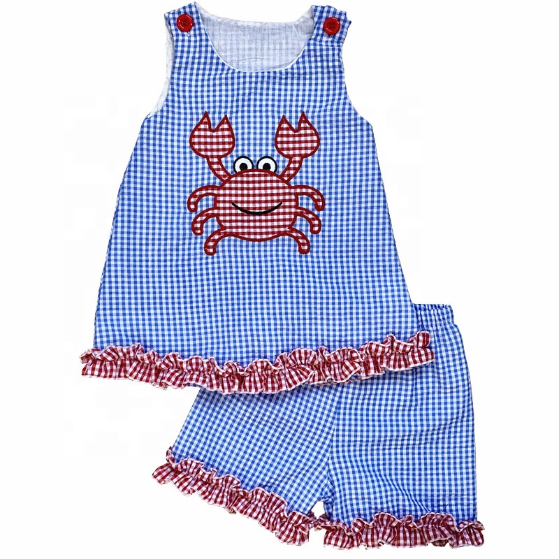 puresun high quality baby girls boutique summer outfits hot sell seersucker swimsuit crab applique children clothes 